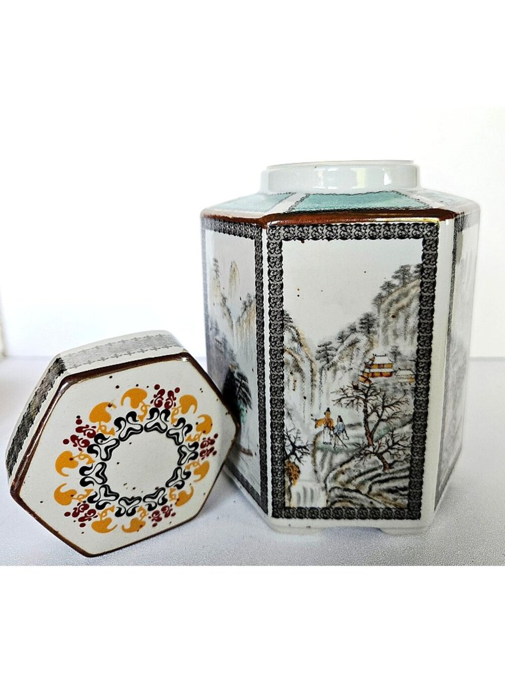 Gorgeous Vintage Tea Caddy Teal and white Scenic Paneled on speckled porcelain.